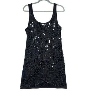 Y2K Womens XL Black Cocktail Party Sparkly Halter Mini Dress Sequin Front Witchy